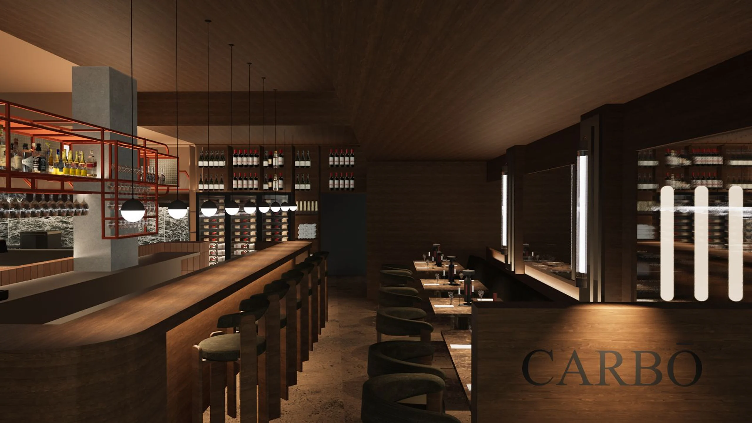 De bar van CARBŌ, met de naam in het hout gegraveerd